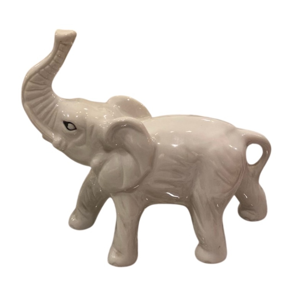 White Ceramic Elephant Trunk Up 7” Tall 7” Wide Made In Brazil